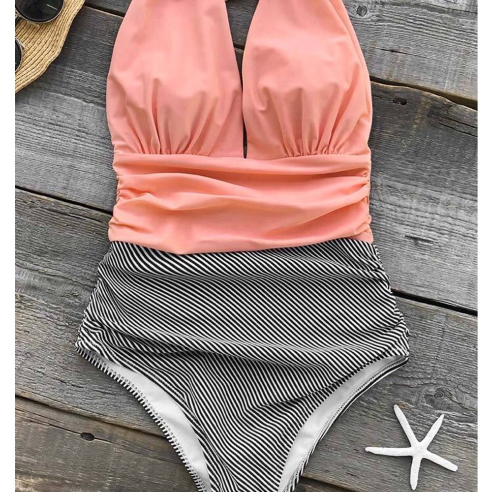 One piece bathing suit - coral and striped